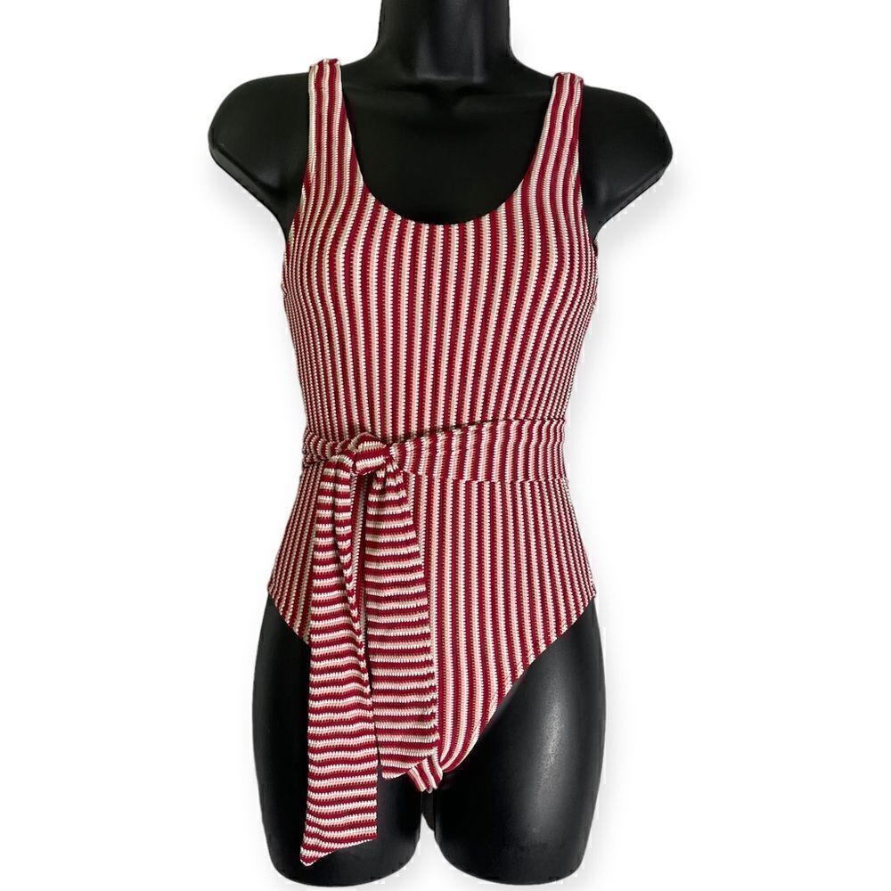 Peony Swimwear Poolside One Piece Swimsuit with Tie Red White